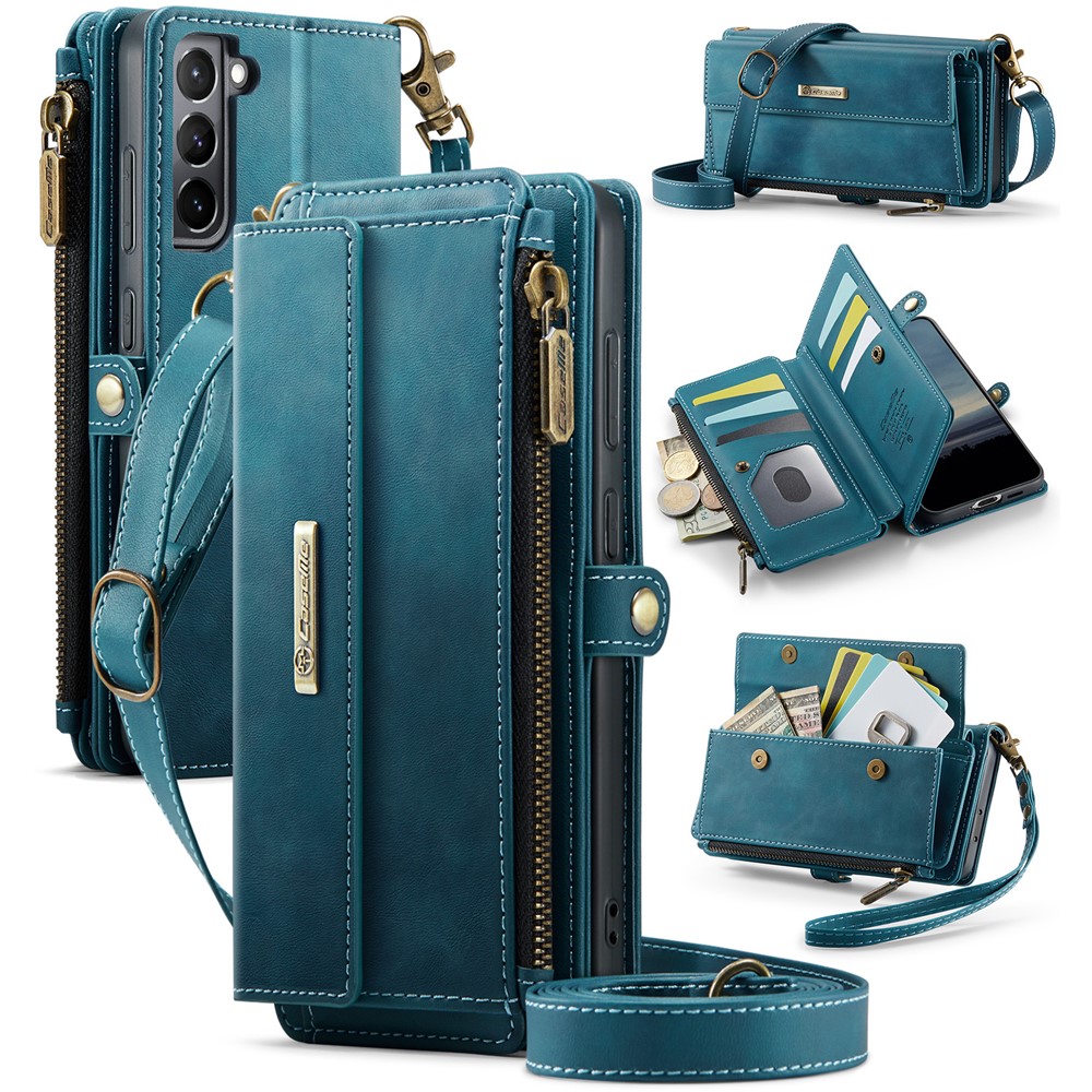 CASEME For Samsung Galaxy S21+ 5G Case C39 RFID Blocking Zipper Wallet Stand Leather Cover with Strap - Green
