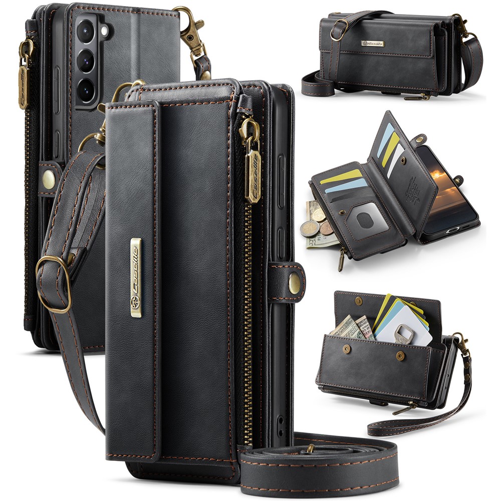 CASEME For Samsung Galaxy S21+ 5G Case C39 RFID Blocking Zipper Wallet Stand Leather Cover with Strap - Black