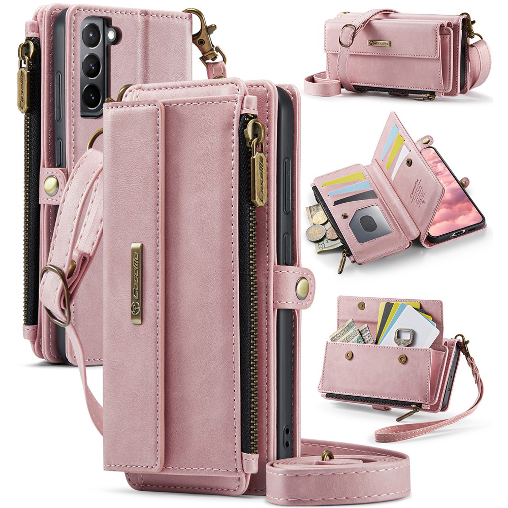CASEME For Samsung Galaxy S21+ 5G Case  C39 RFID Blocking Zipper Wallet Stand Leather Cover with Strap - Pink