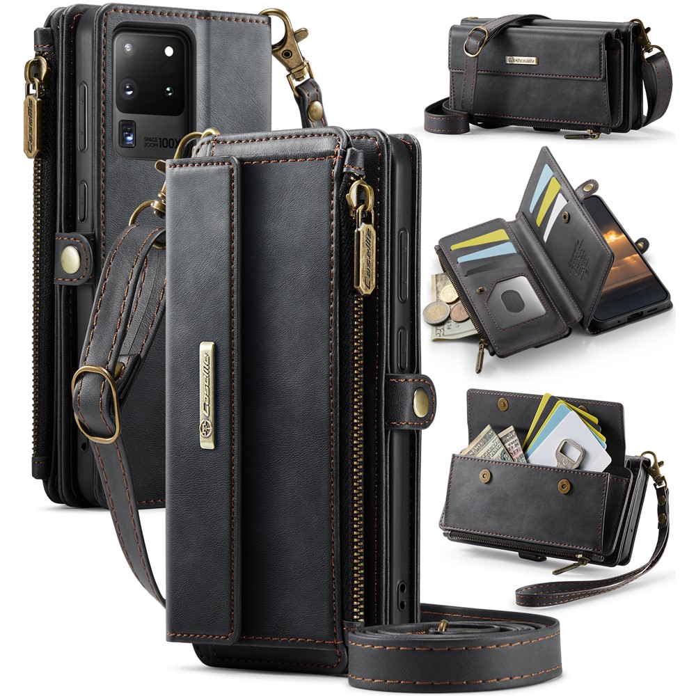 CASEME For Samsung Galaxy S20 Ultra Case C39 RFID Blocking Zipper Wallet Stand Leather Cover with Strap - Black