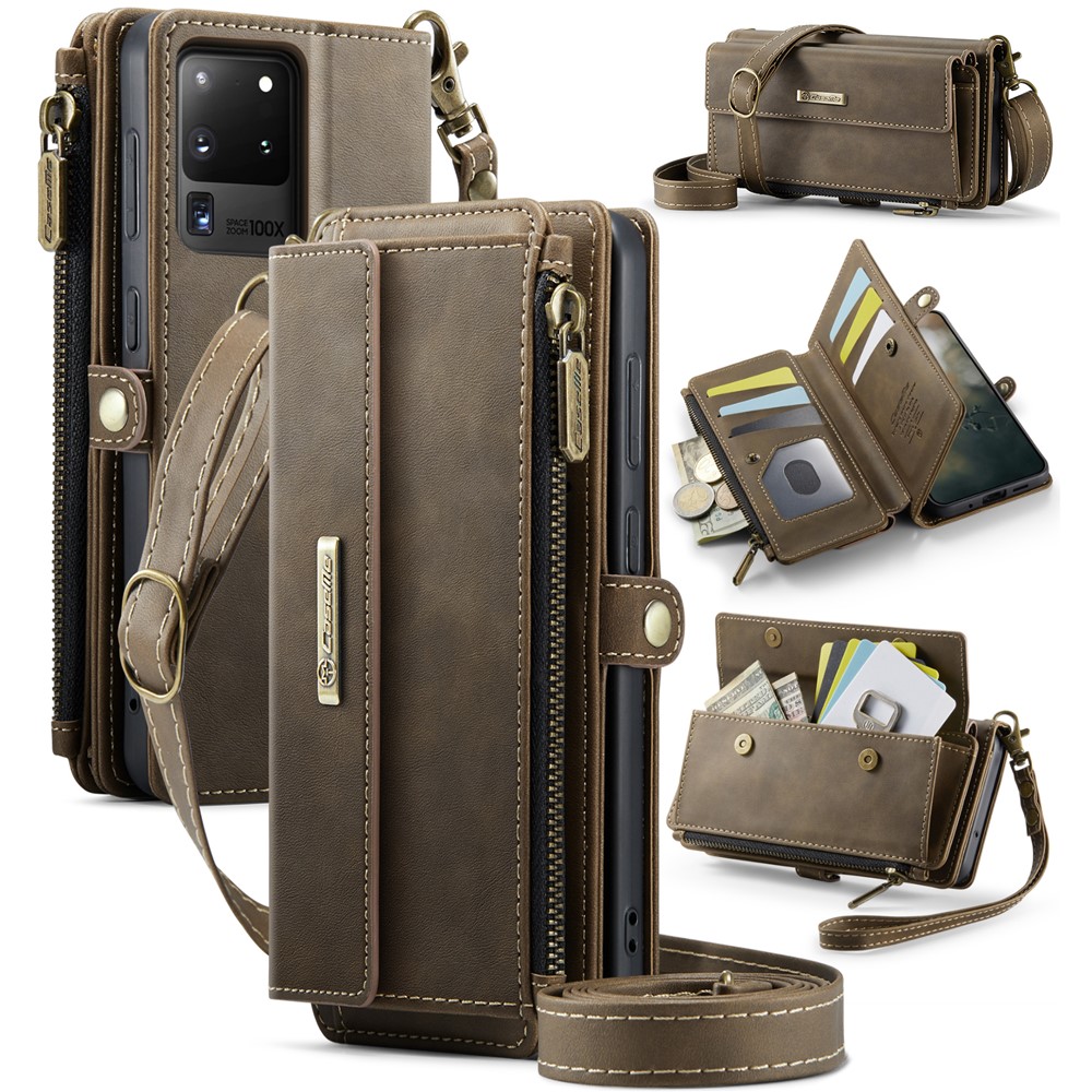 CASEME For Samsung Galaxy S20 Ultra Case  C39 RFID Blocking Zipper Wallet Stand Leather Cover with Strap - Brown