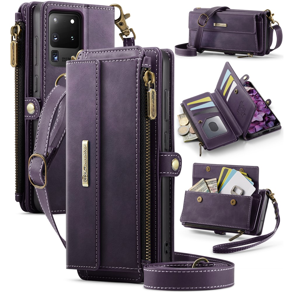 CASEME For Samsung Galaxy S20 Ultra Case  C39 RFID Blocking Zipper Wallet Stand Leather Cover with Strap - Purple