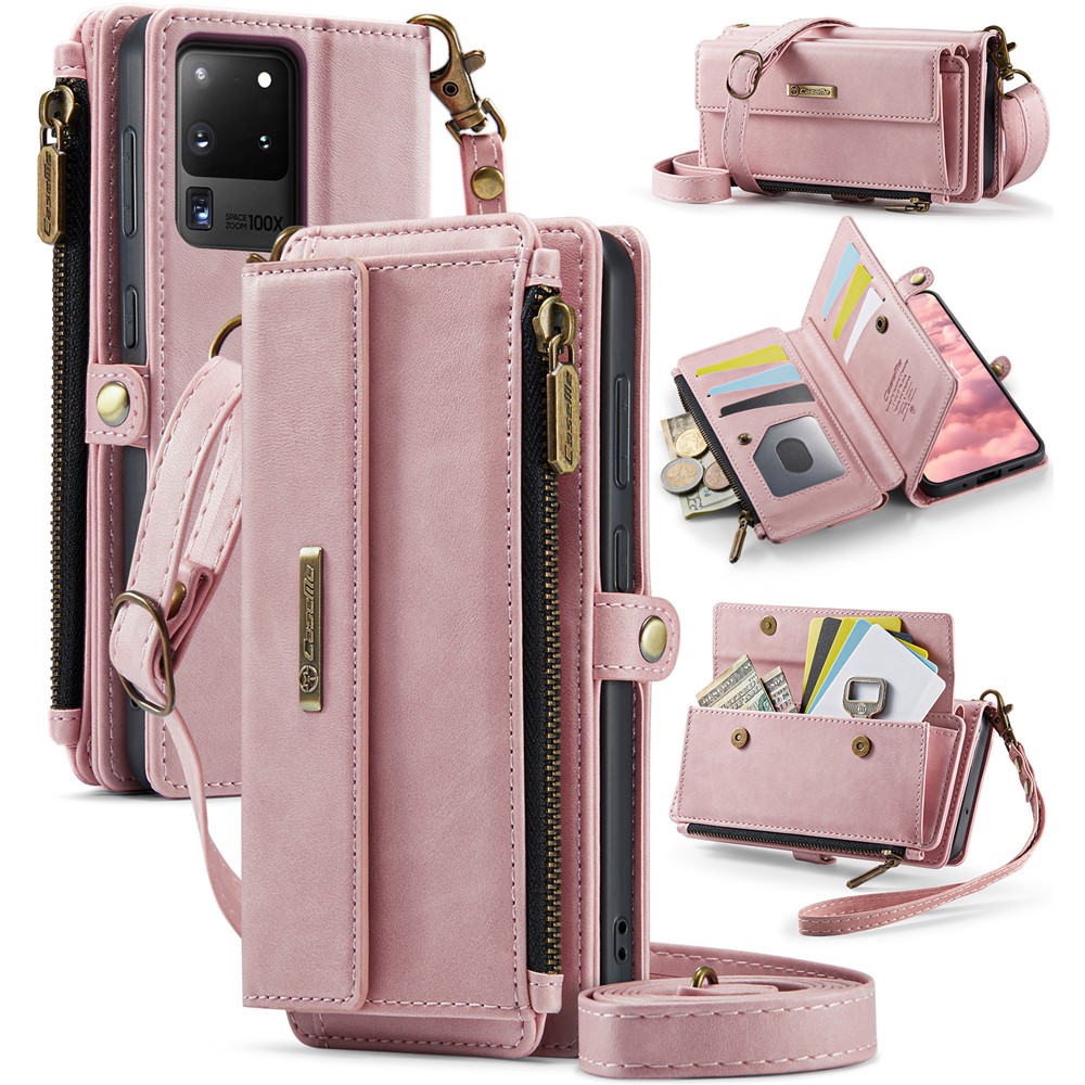 CASEME For Samsung Galaxy S20 Ultra Case  C39 RFID Blocking Zipper Wallet Stand Leather Cover with Strap - Pink