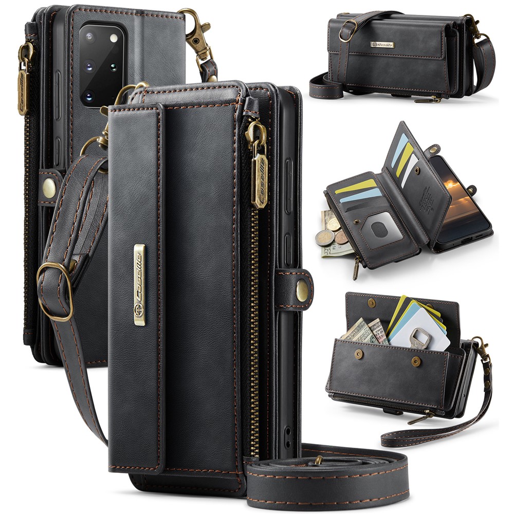 CASEME For Samsung Galaxy S20 Plus 4G / Galaxy S20 Plus 5G Case C39 RFID Blocking Zipper Wallet Stand Leather Cover with Strap - Black