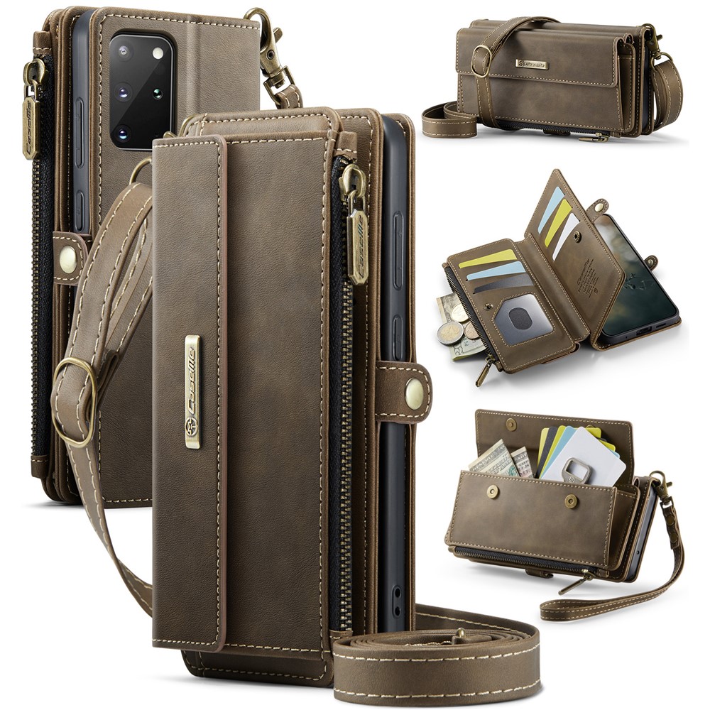 CASEME For Samsung Galaxy S20 Plus 4G / Galaxy S20 Plus 5G Case C39 RFID Blocking Zipper Wallet Stand Leather Cover with Strap - Brown