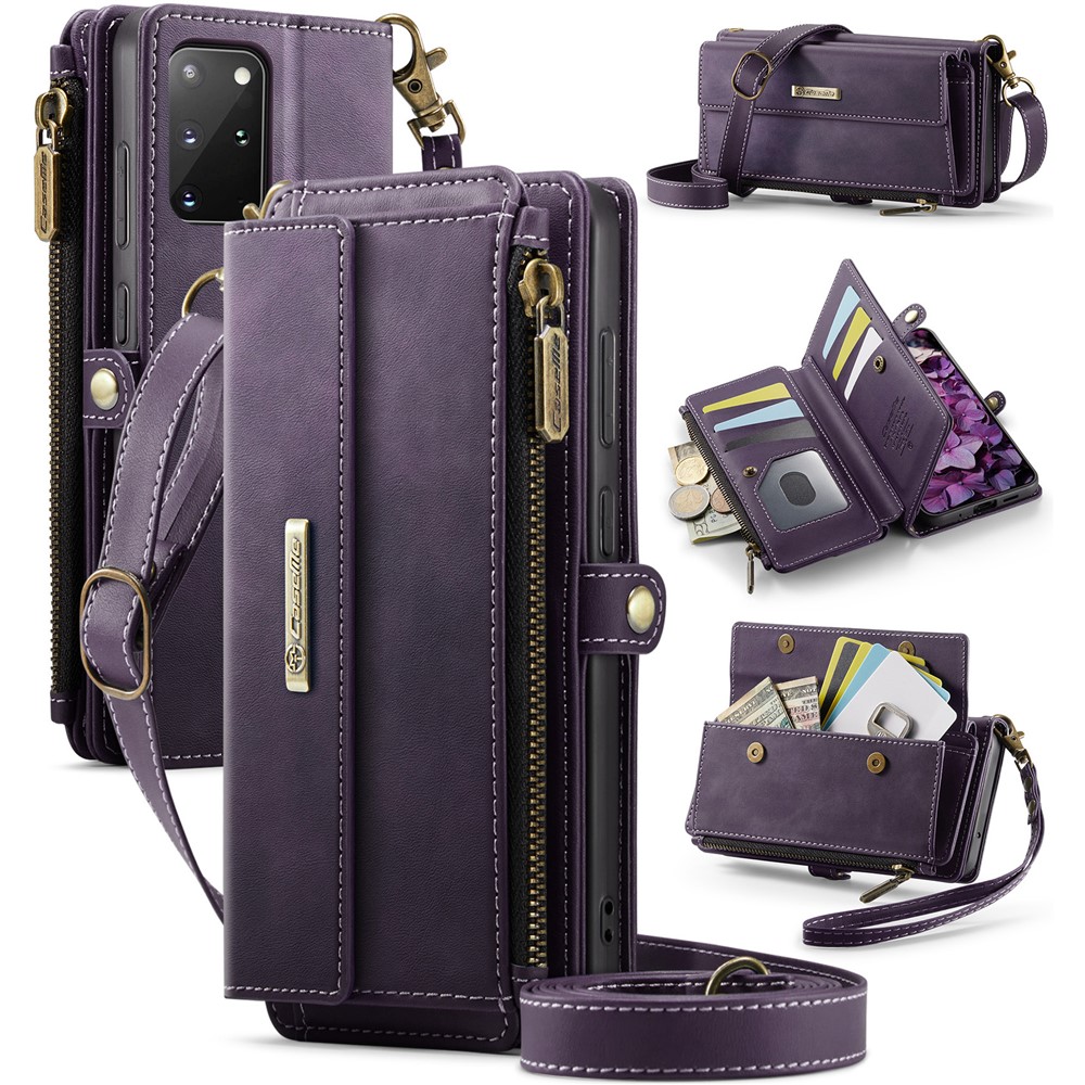 CASEME For Samsung Galaxy S20 Plus 4G / Galaxy S20 Plus 5G Case C39 RFID Blocking Zipper Wallet Stand Leather Cover with Strap - Purple