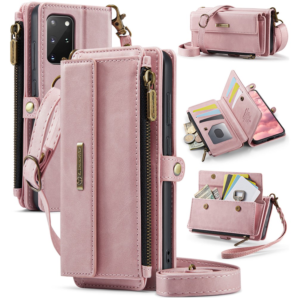 CASEME For Samsung Galaxy S20 Plus 4G / Galaxy S20 Plus 5G Case  C39 RFID Blocking Zipper Wallet Stand Leather Cover with Strap - Pink