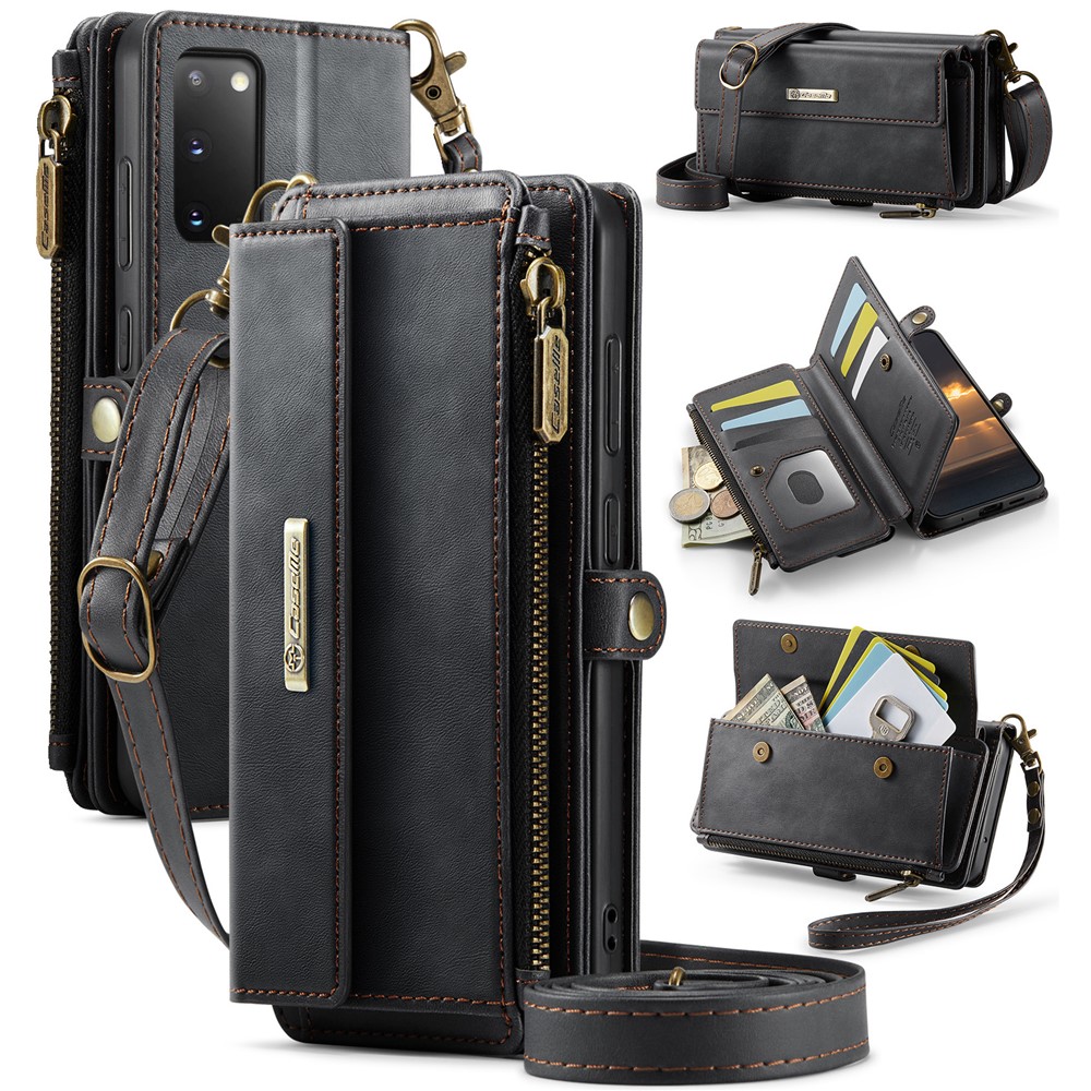 CASEME For Samsung Galaxy S20 4G / Galaxy S20 5G Case C39 RFID Blocking Zipper Wallet Stand Leather Cover with Strap - Black