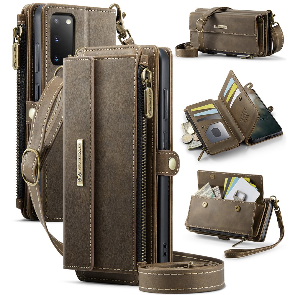 CASEME For Samsung Galaxy S20 4G / Galaxy S20 5G Case C39 RFID Blocking Zipper Wallet Stand Leather Cover with Strap - Brown