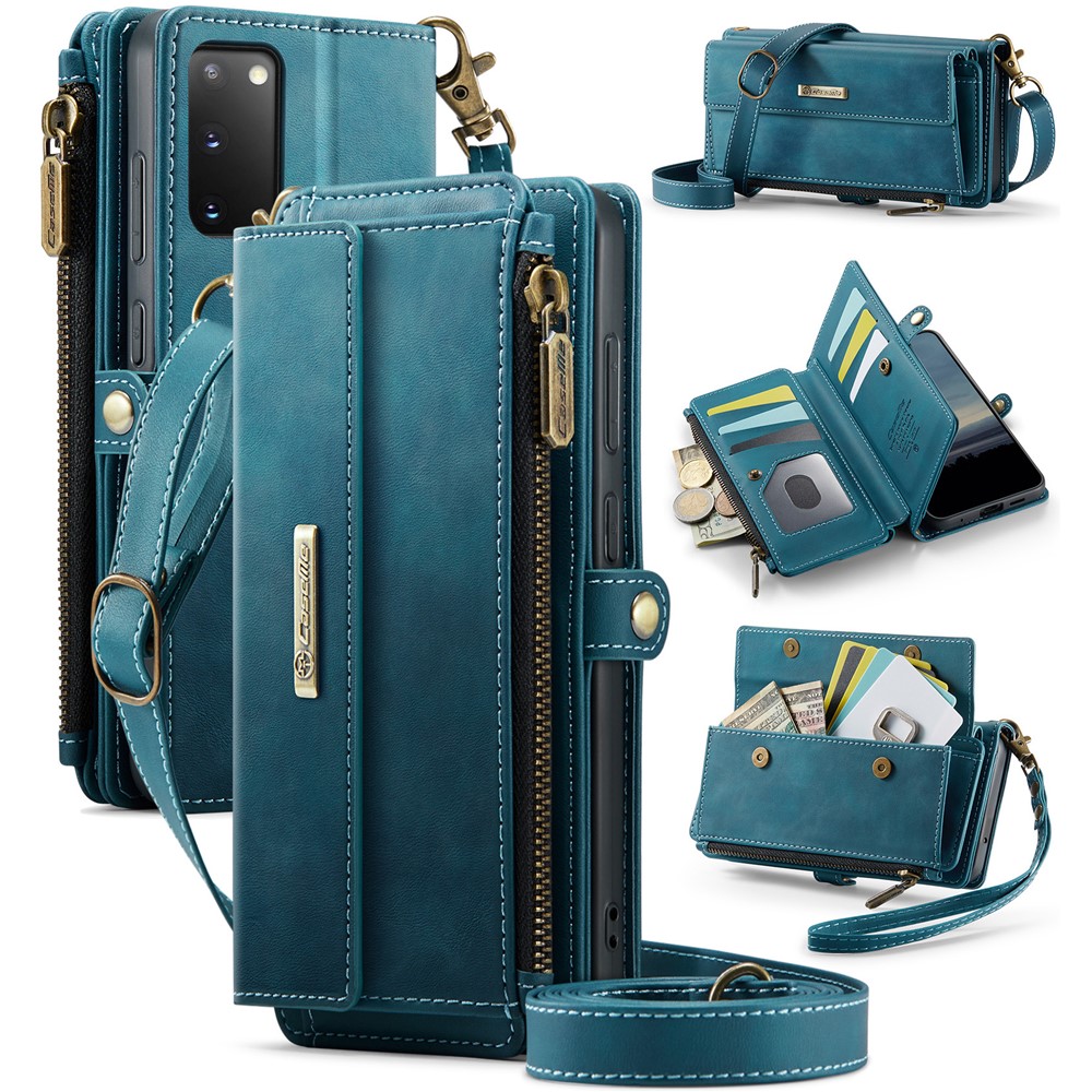 CASEME For Samsung Galaxy S20 4G / Galaxy S20 5G Case C39 RFID Blocking Zipper Wallet Stand Leather Cover with Strap - Green