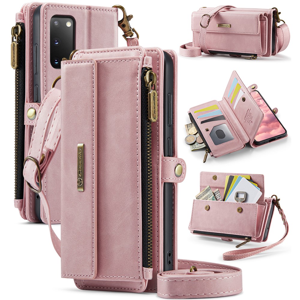 CASEME For Samsung Galaxy S20 4G / Galaxy S20 5G Case  C39 RFID Blocking Zipper Wallet Stand Leather Cover with Strap - Pink