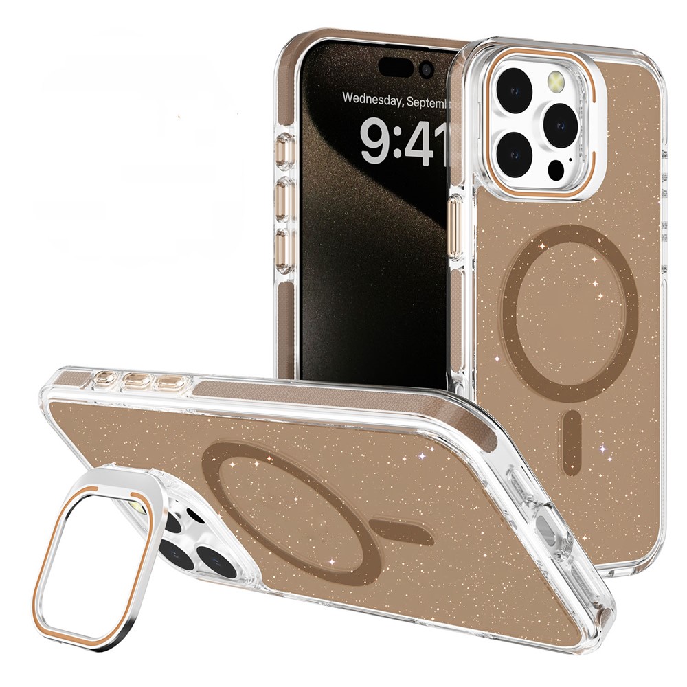 For iPhone 16 Pro Max Case Compatible with MagSafe Lens Kicktand Glitter PC Phone Cover - Gold