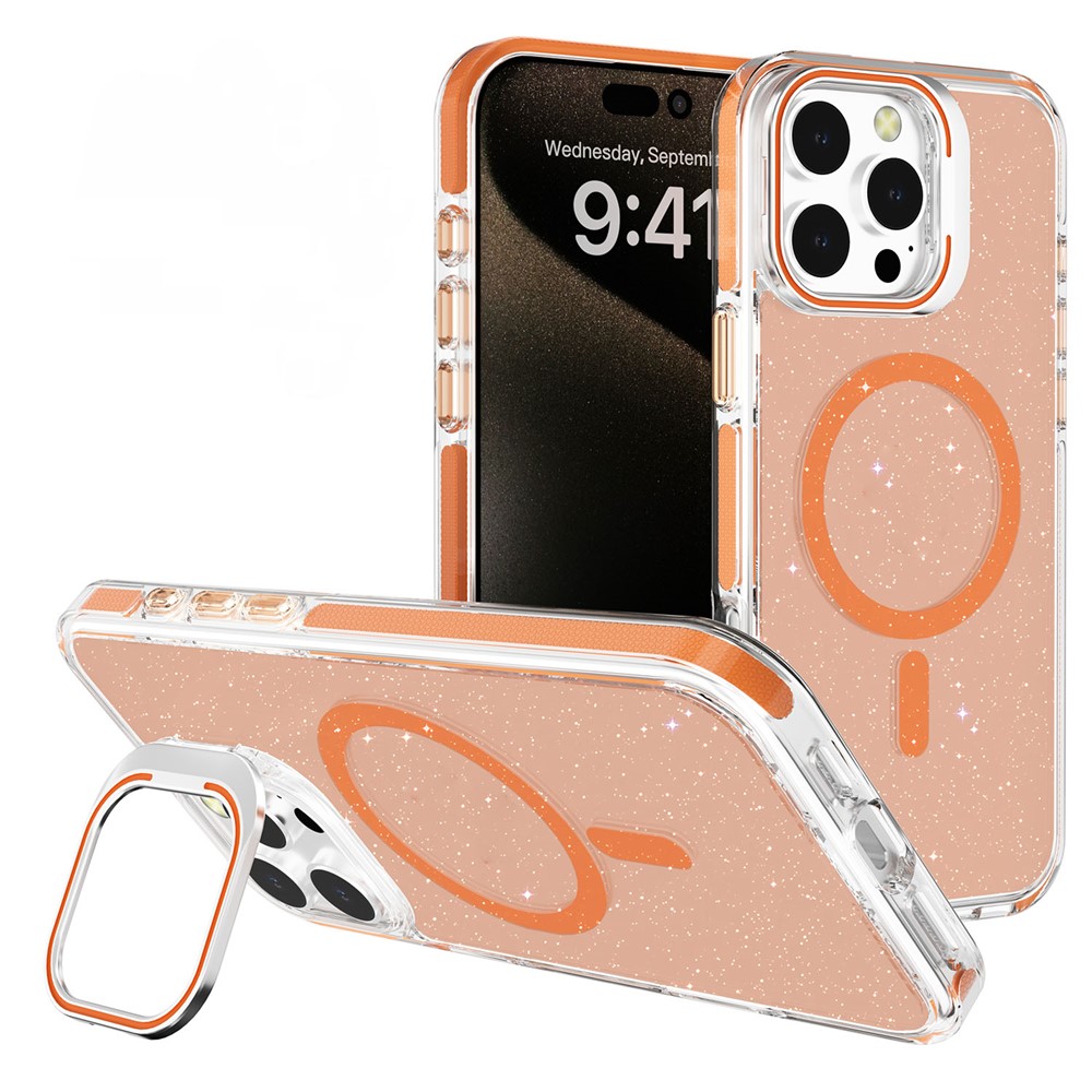For iPhone 16 Pro Max Case Compatible with MagSafe Lens Kicktand Glitter PC Phone Cover - Orange