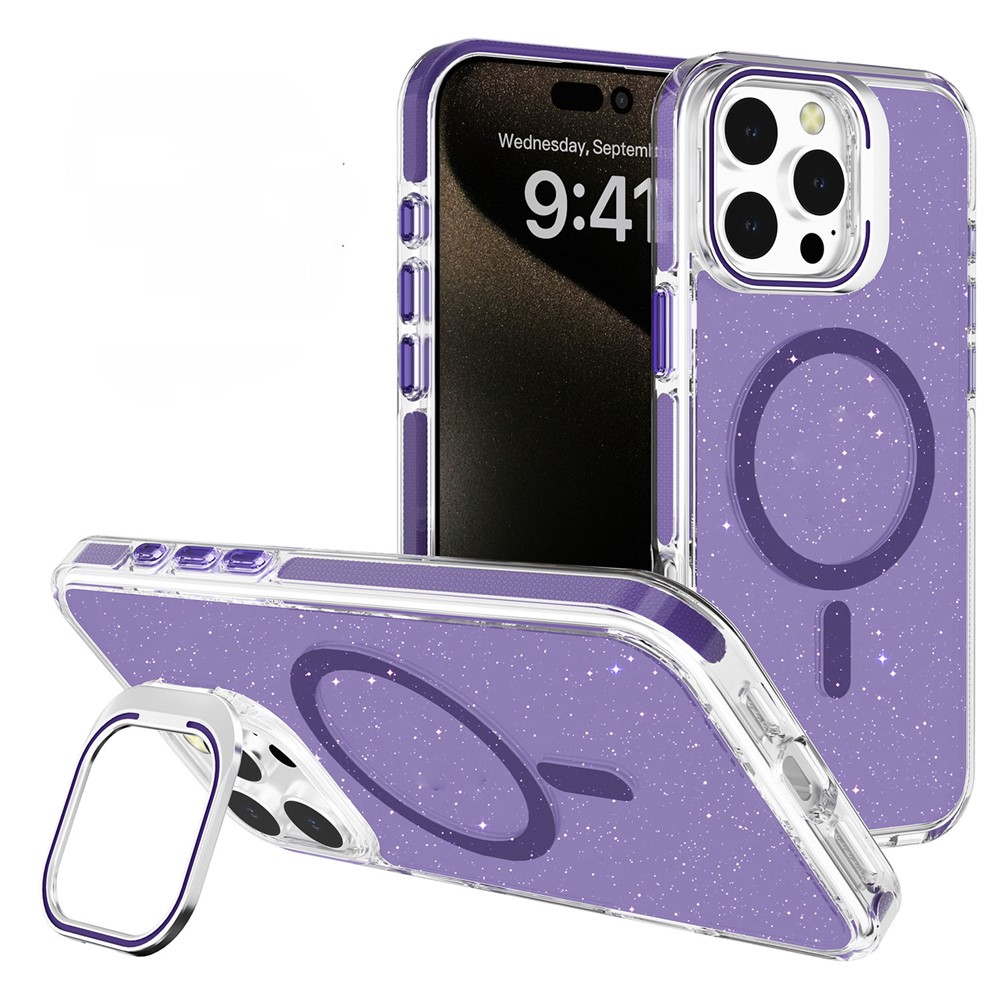 For iPhone 16 Pro Max Case Compatible with MagSafe Lens Kicktand Glitter PC Phone Cover - Purple