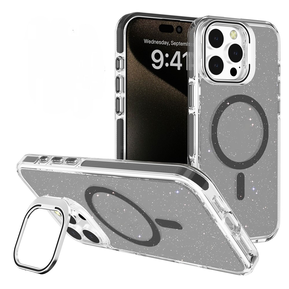 For iPhone 16 Pro Max Case Compatible with MagSafe Lens Kicktand Glitter PC Phone Cover - Black