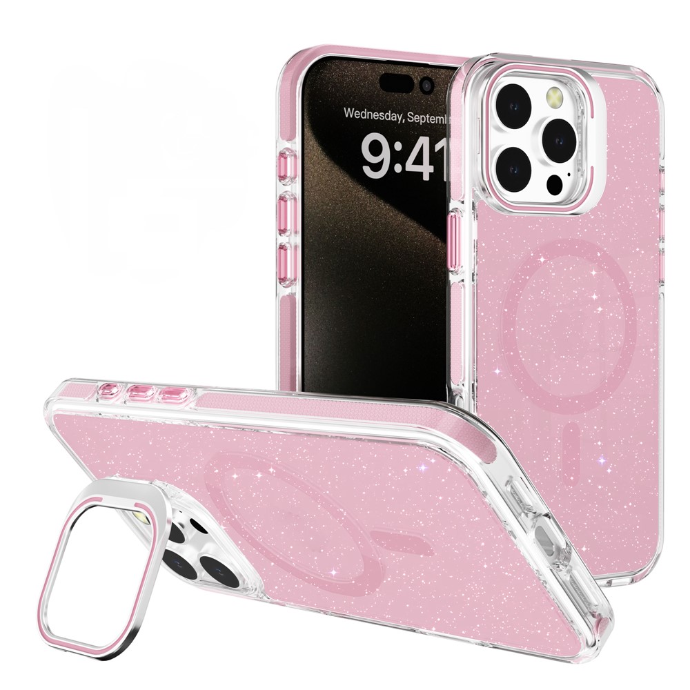 For iPhone 16 Pro Max Case Compatible with MagSafe Lens Kicktand Glitter PC Phone Cover - Pink