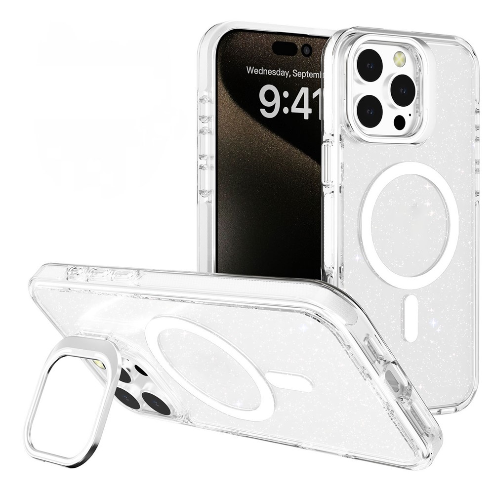 For iPhone 16 Pro Max Case Compatible with MagSafe Lens Kicktand Glitter PC Phone Cover - White