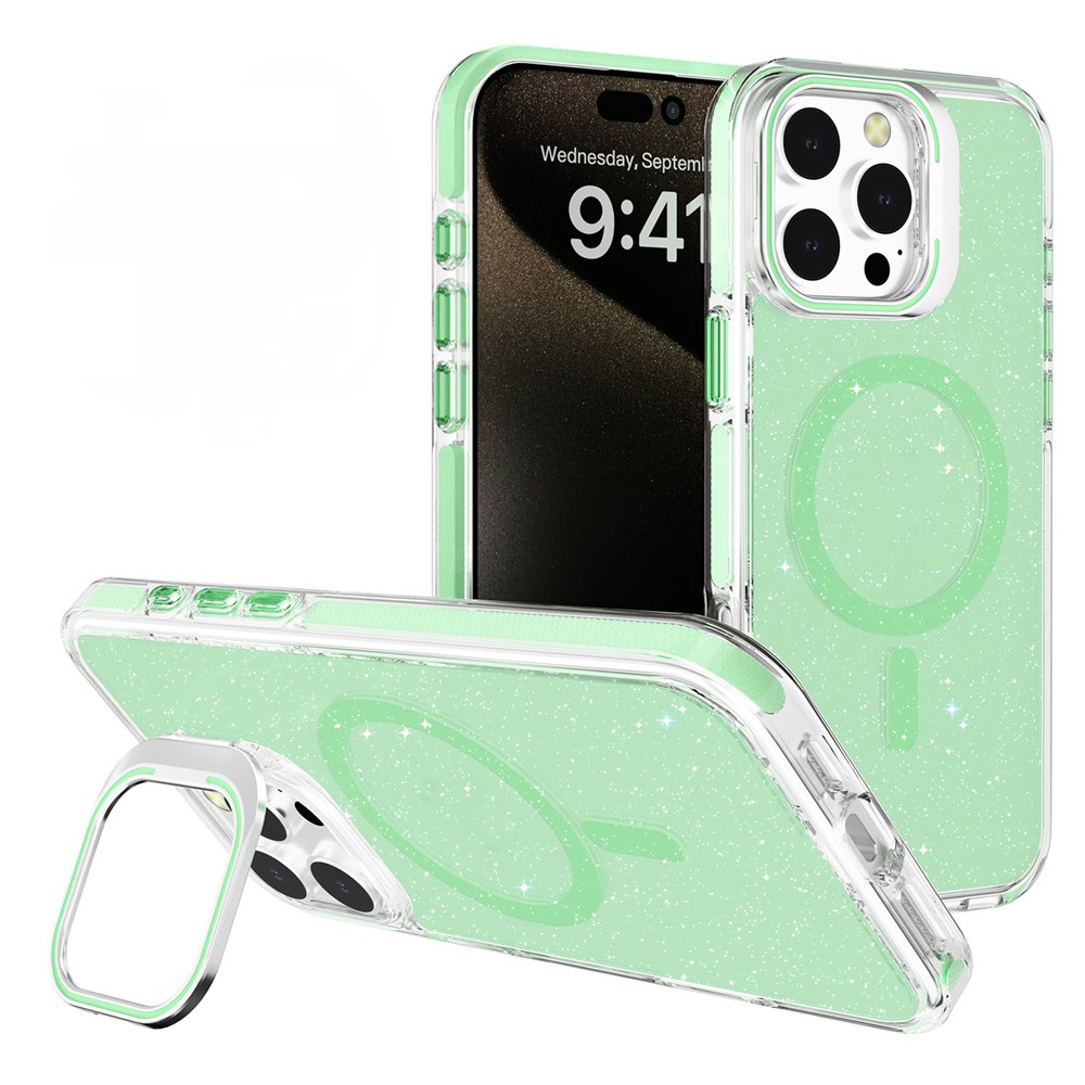 For iPhone 16 Pro Max Case Compatible with MagSafe Lens Kicktand Glitter PC Phone Cover - Matcha Green