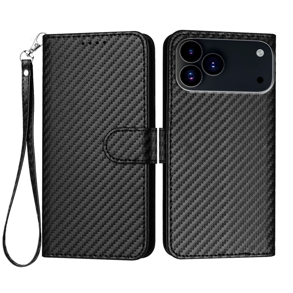 For iPhone 17 Pro Wallet Case with Strap Carbon Fiber Texture Leather Mobile Cover - Black