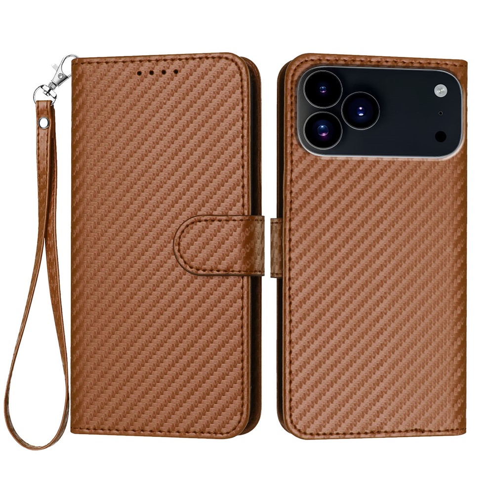 For iPhone 17 Pro Wallet Case with Strap Carbon Fiber Texture Leather Mobile Cover - Coffee