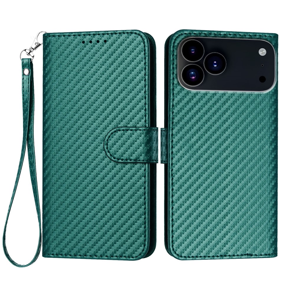 For iPhone 17 Pro Wallet Case with Strap Carbon Fiber Texture Leather Mobile Cover - Blackish Green