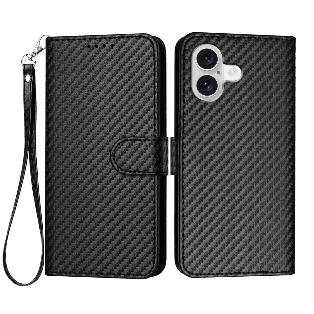 For iPhone 17 Wallet Case with Strap Carbon Fiber Texture Leather Mobile Cover - Black