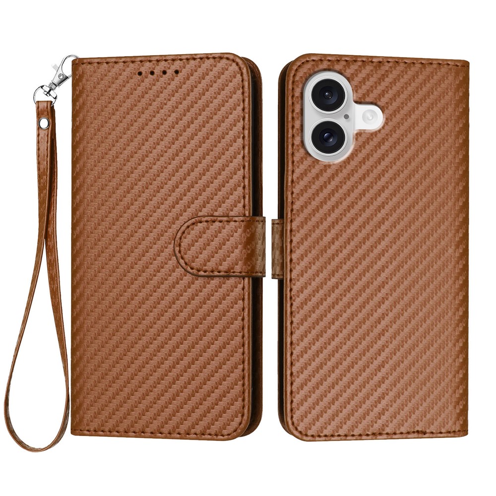 For iPhone 17 Wallet Case with Strap Carbon Fiber Texture Leather Mobile Cover - Coffee