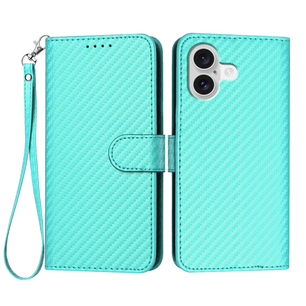 For iPhone 17 Wallet Case with Strap Carbon Fiber Texture Leather Mobile Cover - Light Blue