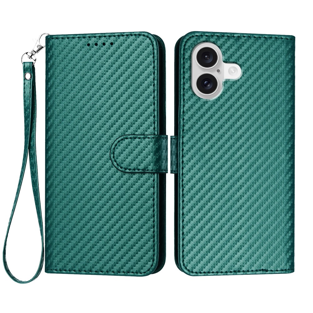 For iPhone 17 Wallet Case with Strap Carbon Fiber Texture Leather Mobile Cover - Blackish Green