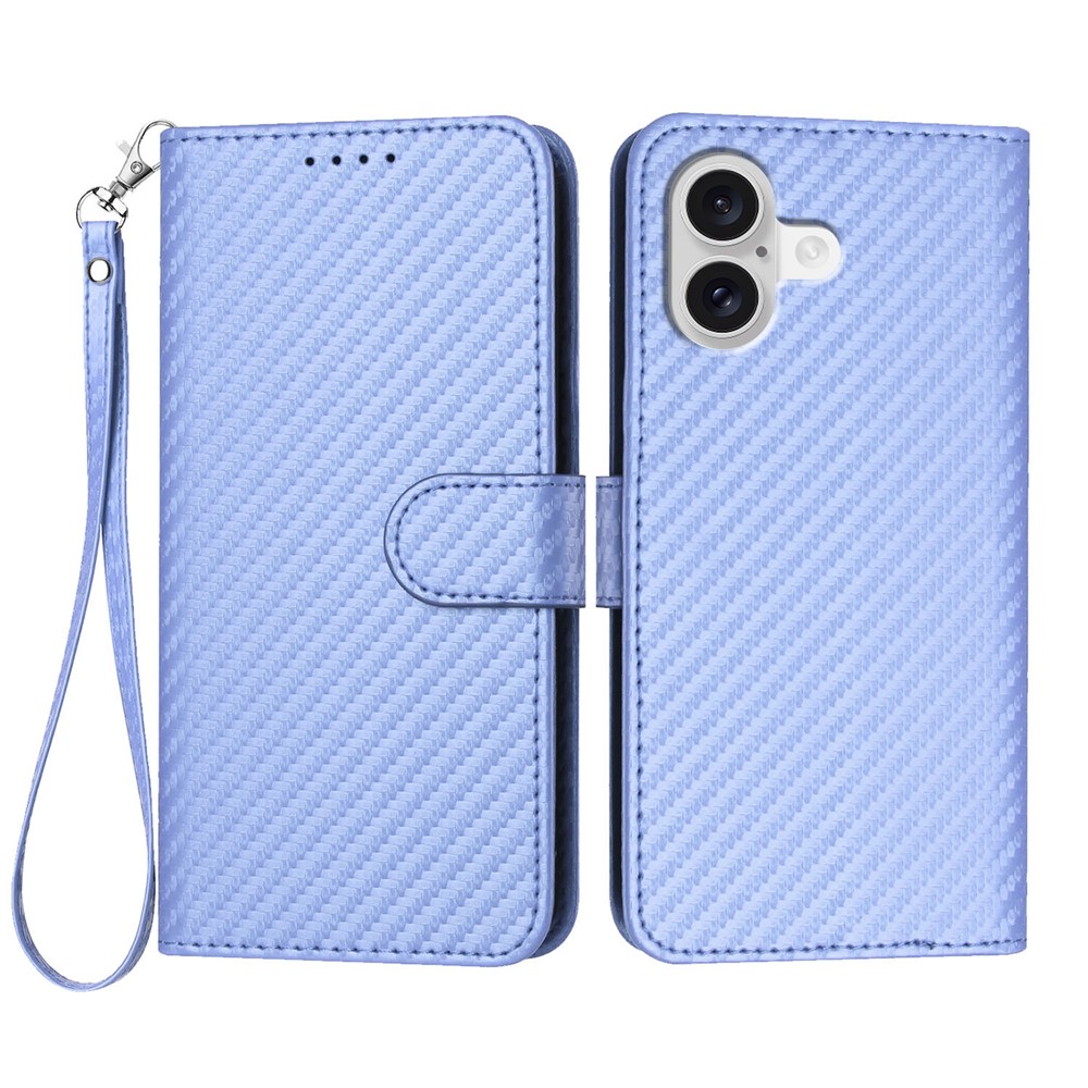 For iPhone 17 Wallet Case with Strap Carbon Fiber Texture Leather Mobile Cover - Purple