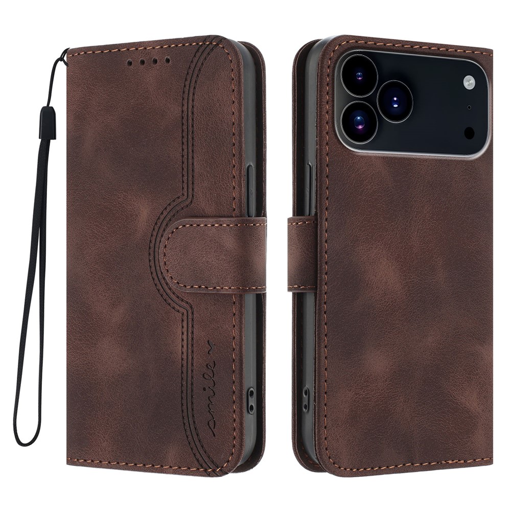 For iPhone 17 Pro Leather Case Wallet Stand Smile Imprinted Phone Cover with Strap - Coffee