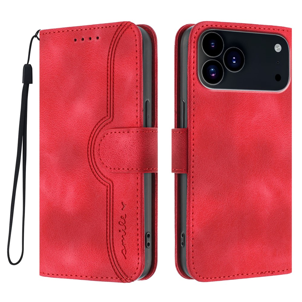 For iPhone 17 Pro Leather Case Wallet Stand Smile Imprinted Phone Cover with Strap - Red