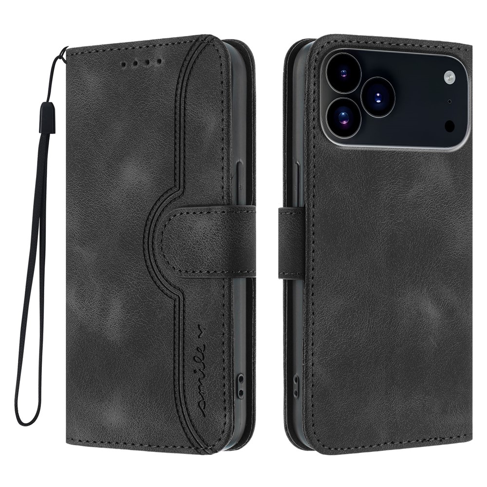 For iPhone 17 Pro Max Leather Case Wallet Stand Smile Imprinted Phone Cover with Strap - Black