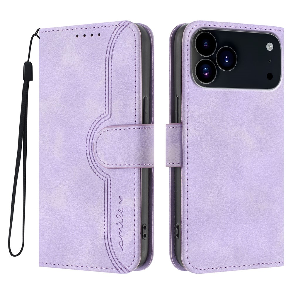 For iPhone 17 Pro Max Leather Case Wallet Stand Smile Imprinted Phone Cover with Strap - Purple