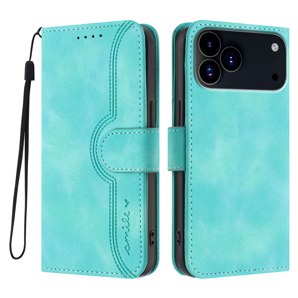 For iPhone 17 Pro Max Leather Case Wallet Stand Smile Imprinted Phone Cover with Strap - Light Blue