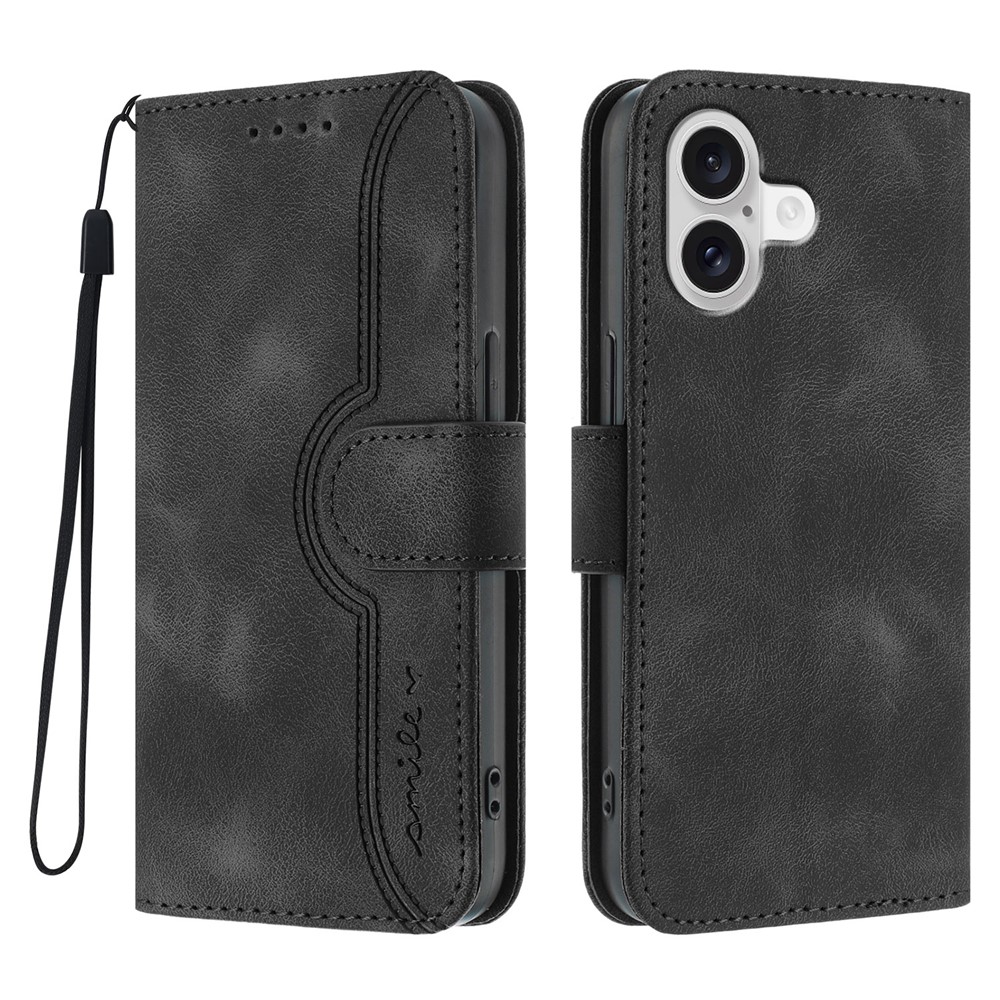 For iPhone 17 Leather Case Wallet Stand Smile Imprinted Phone Cover with Strap - Black