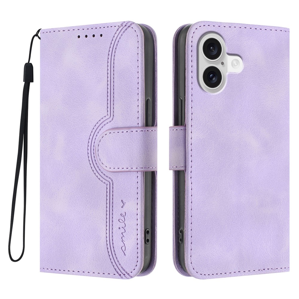 For iPhone 17 Leather Case Wallet Stand Smile Imprinted Phone Cover with Strap - Purple