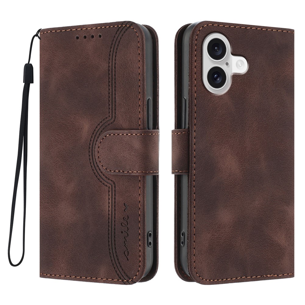 For iPhone 17 Leather Case Wallet Stand Smile Imprinted Phone Cover with Strap - Coffee