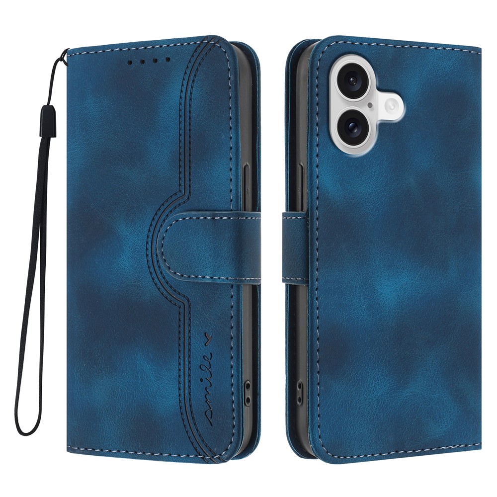 For iPhone 17 Leather Case Wallet Stand Smile Imprinted Phone Cover with Strap - Royal Blue