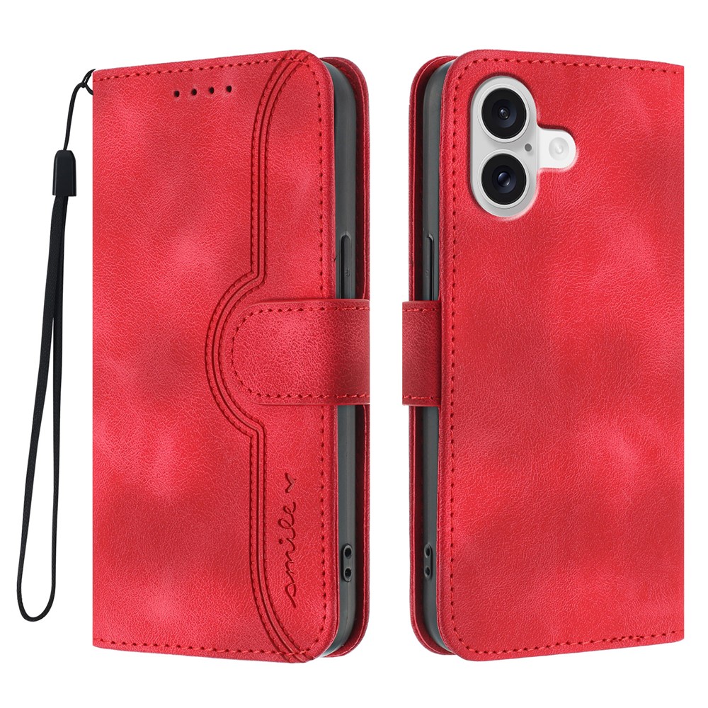 For iPhone 17 Leather Case Wallet Stand Smile Imprinted Phone Cover with Strap - Red