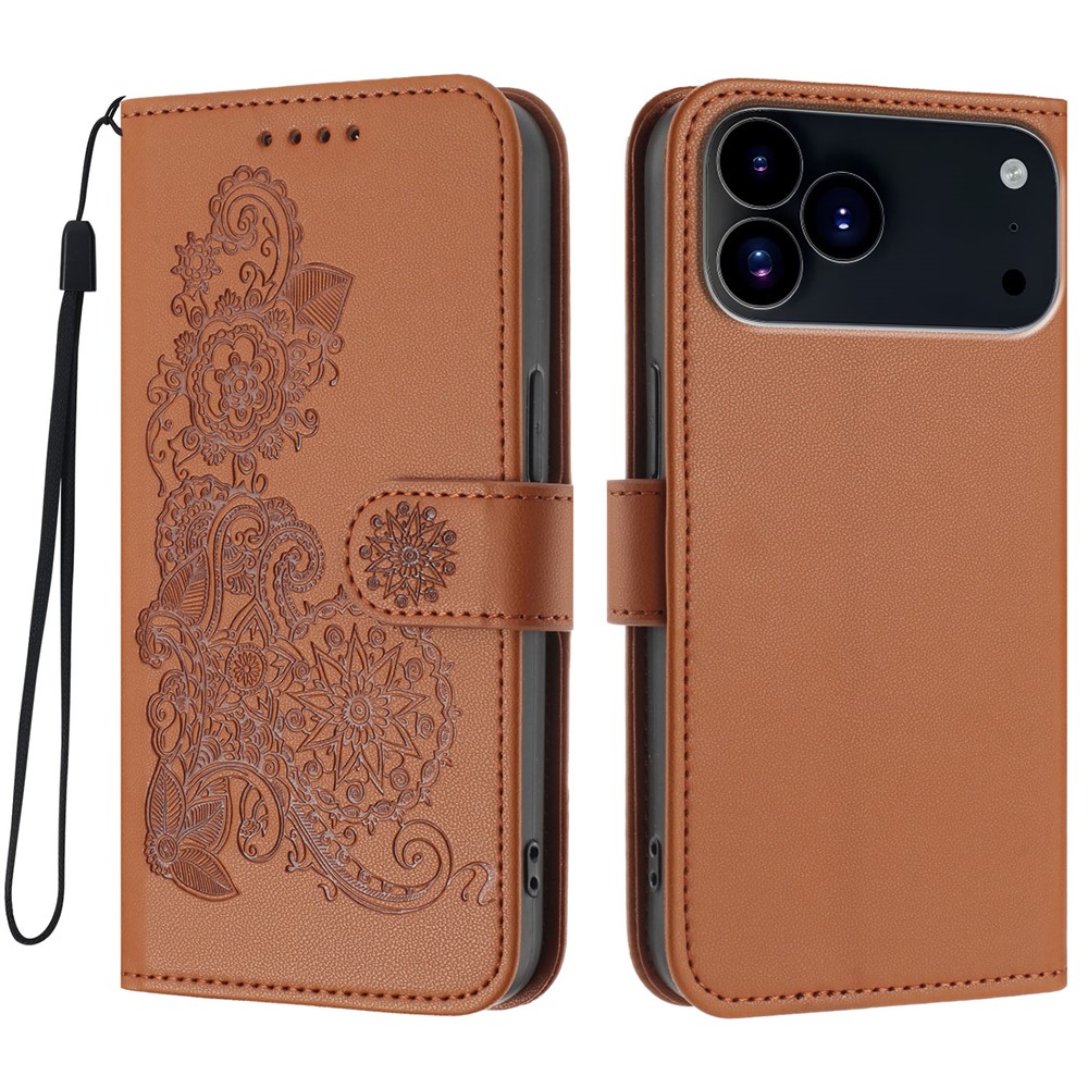 For iPhone 17 Pro Phone Cases Mandala Flower Leather Wallet Mobile Cover with Strap - Coffee