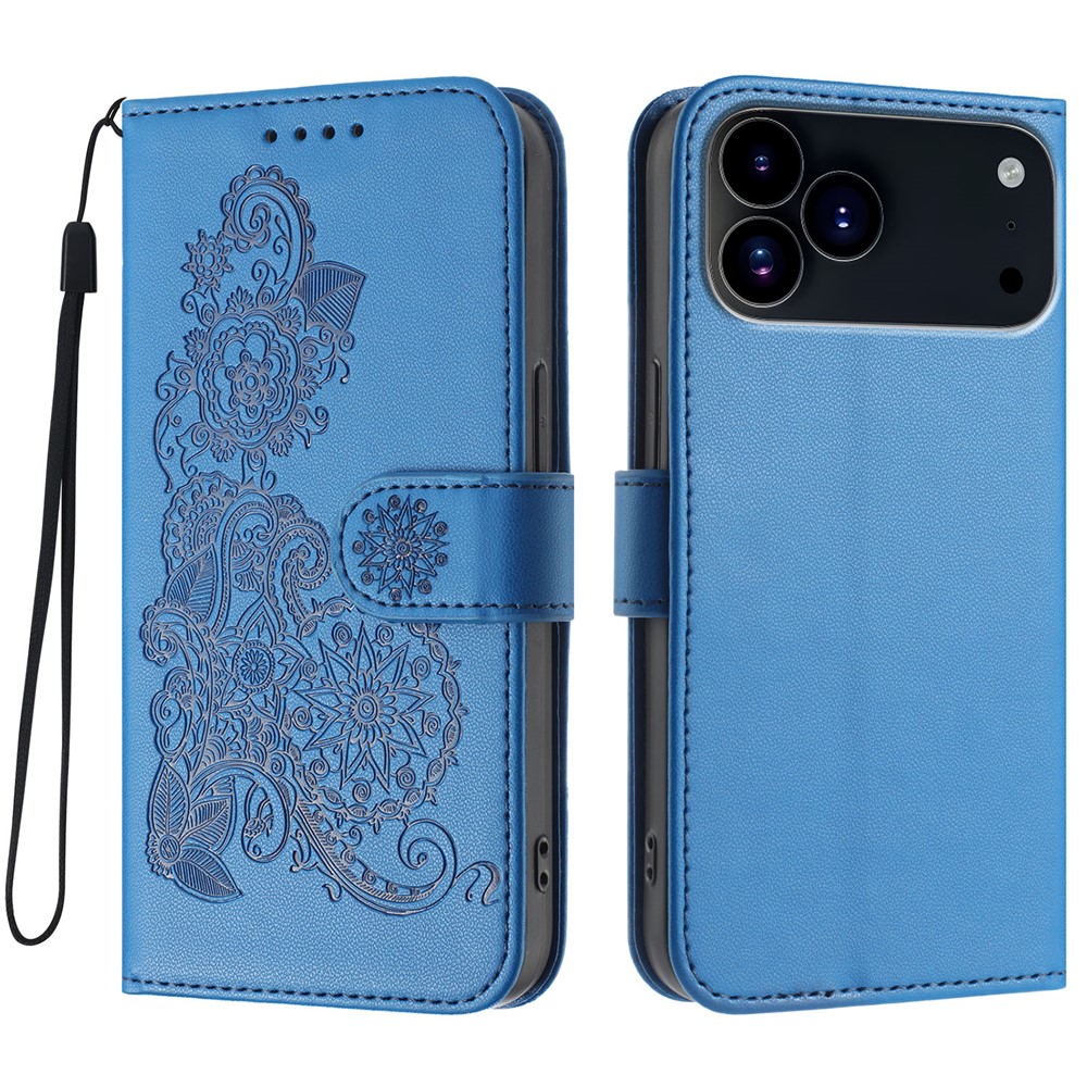 For iPhone 17 Pro Phone Cases Mandala Flower Leather Wallet Mobile Cover with Strap - Royal Blue