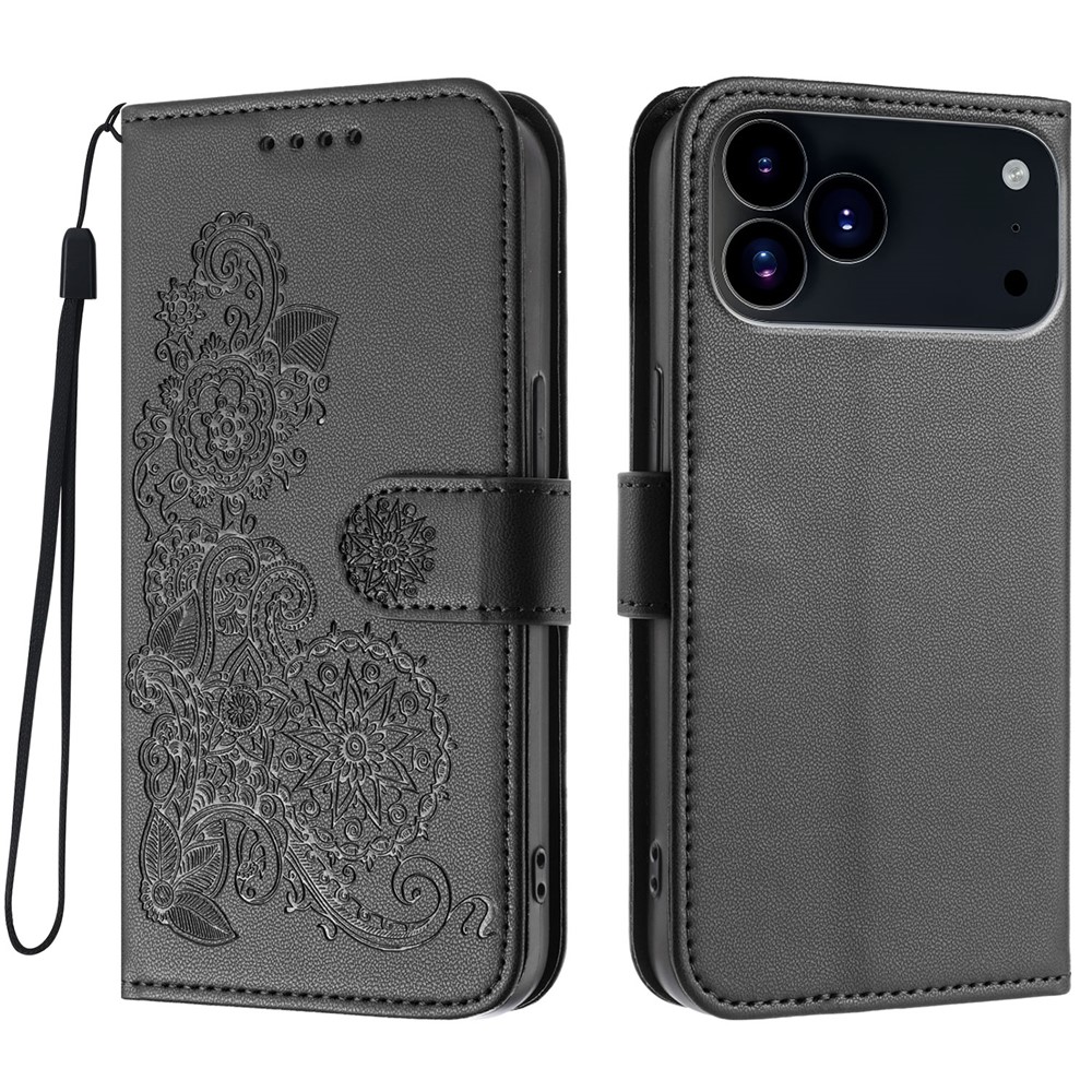 For iPhone 17 Pro Phone Cases Mandala Flower Leather Wallet Mobile Cover with Strap - Black