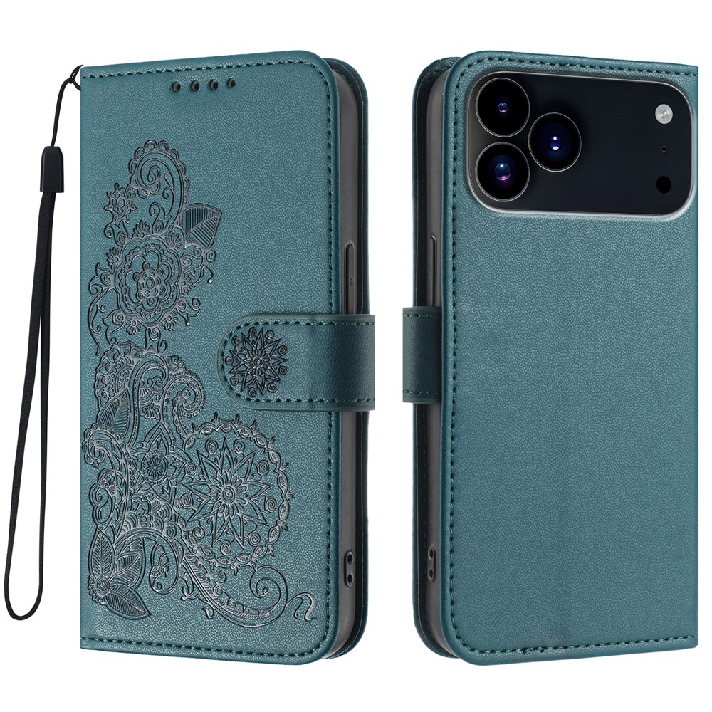 For iPhone 17 Pro Phone Cases Mandala Flower Leather Wallet Mobile Cover with Strap - Blackish Green