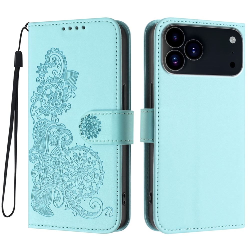 For iPhone 17 Pro Phone Cases Mandala Flower Leather Wallet Mobile Cover with Strap - Light Blue