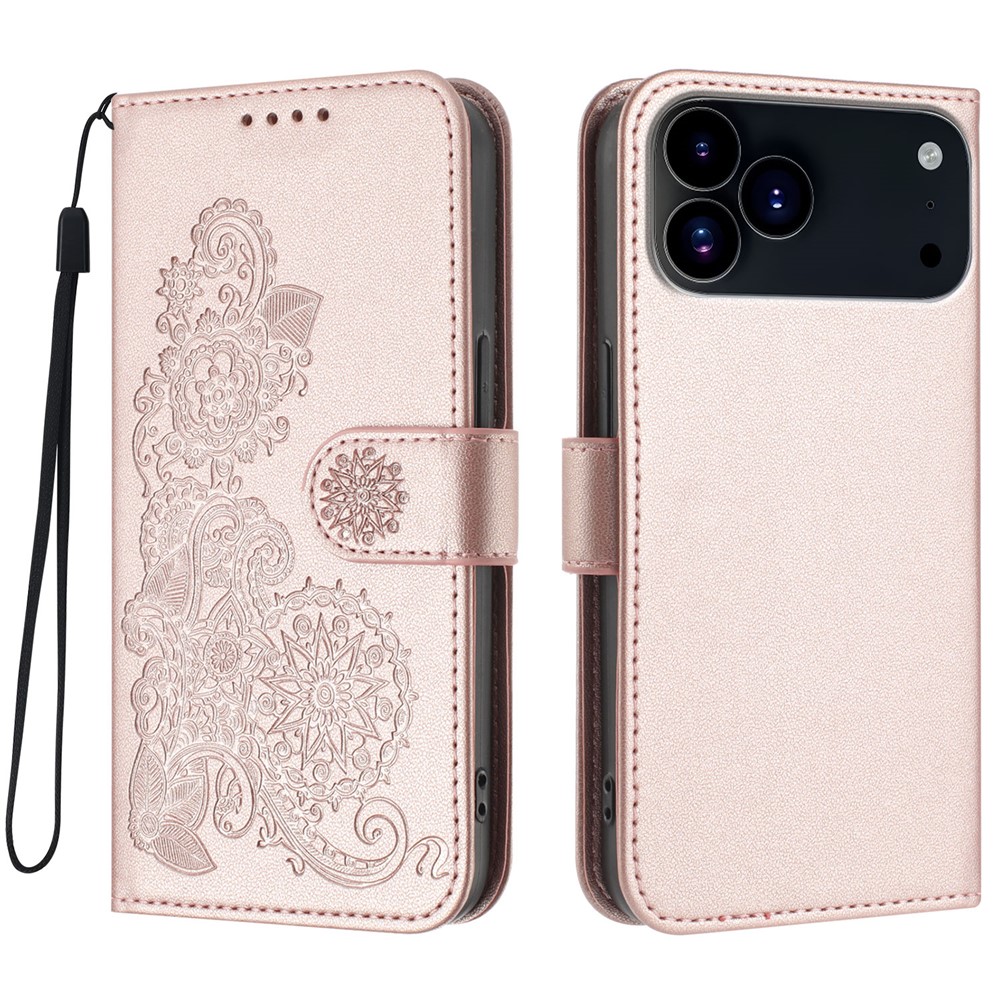 For iPhone 17 Pro Phone Cases Mandala Flower Leather Wallet Mobile Cover with Strap - Rose Gold