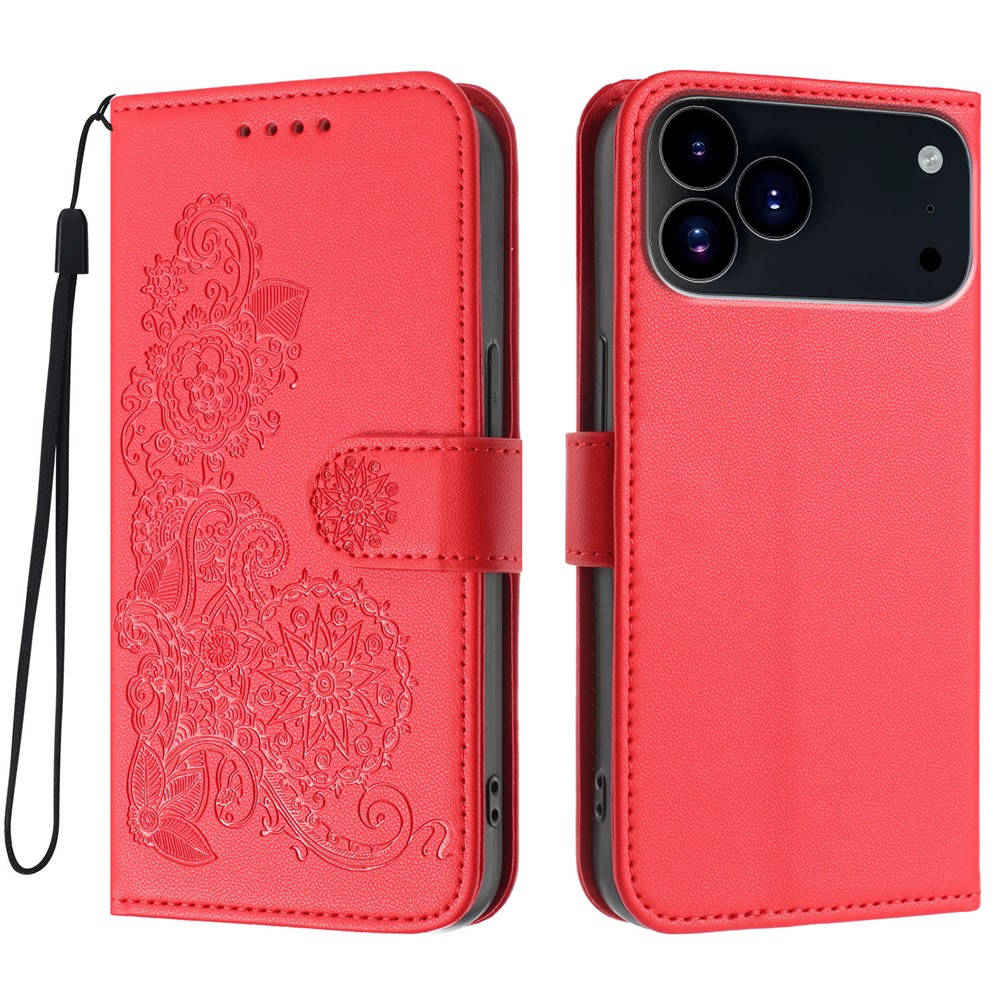 For iPhone 17 Pro Max Phone Cases Mandala Flower Leather Wallet Mobile Cover with Strap - Red