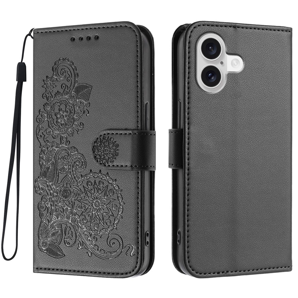 For iPhone 17 Phone Cases Mandala Flower Leather Wallet Mobile Cover with Strap - Black