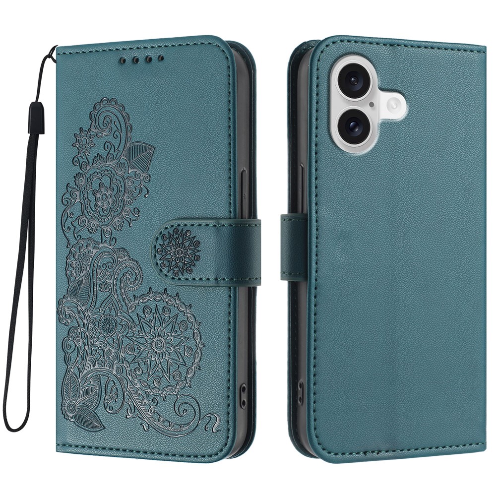 For iPhone 17 Phone Cases Mandala Flower Leather Wallet Mobile Cover with Strap - Blackish Green