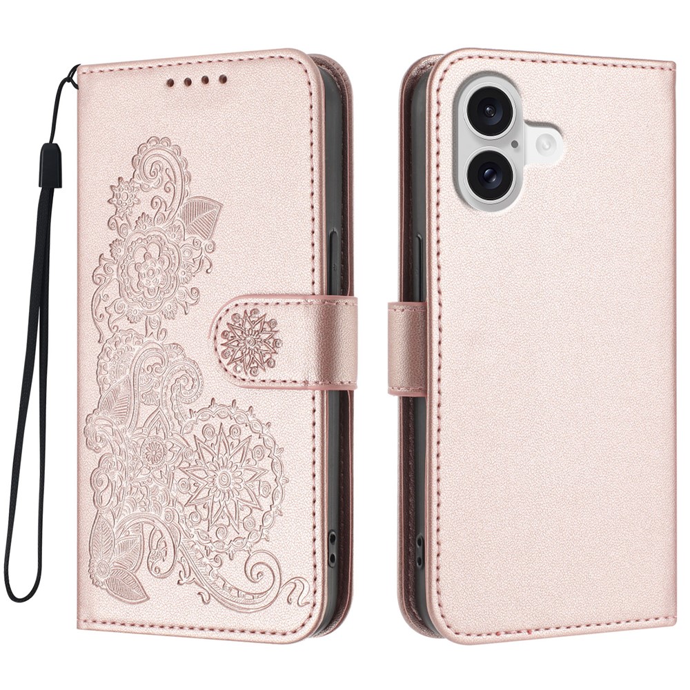For iPhone 17 Phone Cases Mandala Flower Leather Wallet Mobile Cover with Strap - Rose Gold